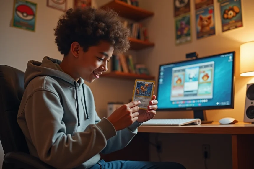 Adolescent découvrant une carte Pokémon TCG Pocket holographique reçue via un cadeau en ligne, assis à son bureau avec une expression de surprise authentique