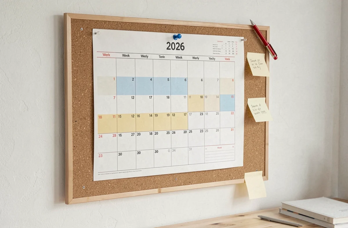 Calendrier 2026 imprimé affiché sur un tableau en liège avec semaines paires surlignées en bleu et semaines impaires en jaune