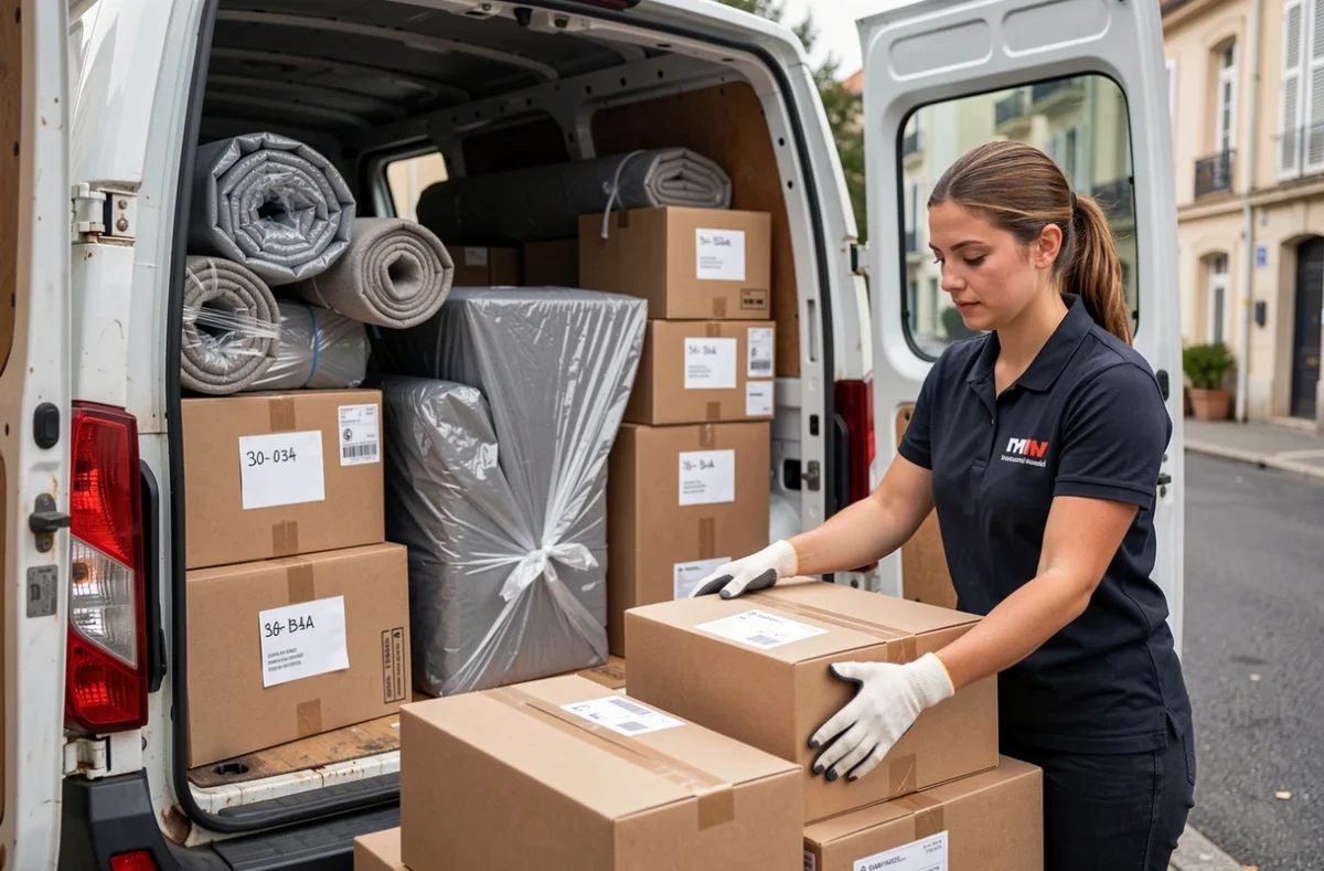 Intérieur d'un camion de déménagement organisé avec des cartons et meubles protégés à Bordeaux