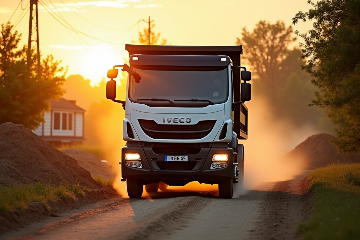 Camion Iveco 3,5 tonnes en campagne au coucher du soleil