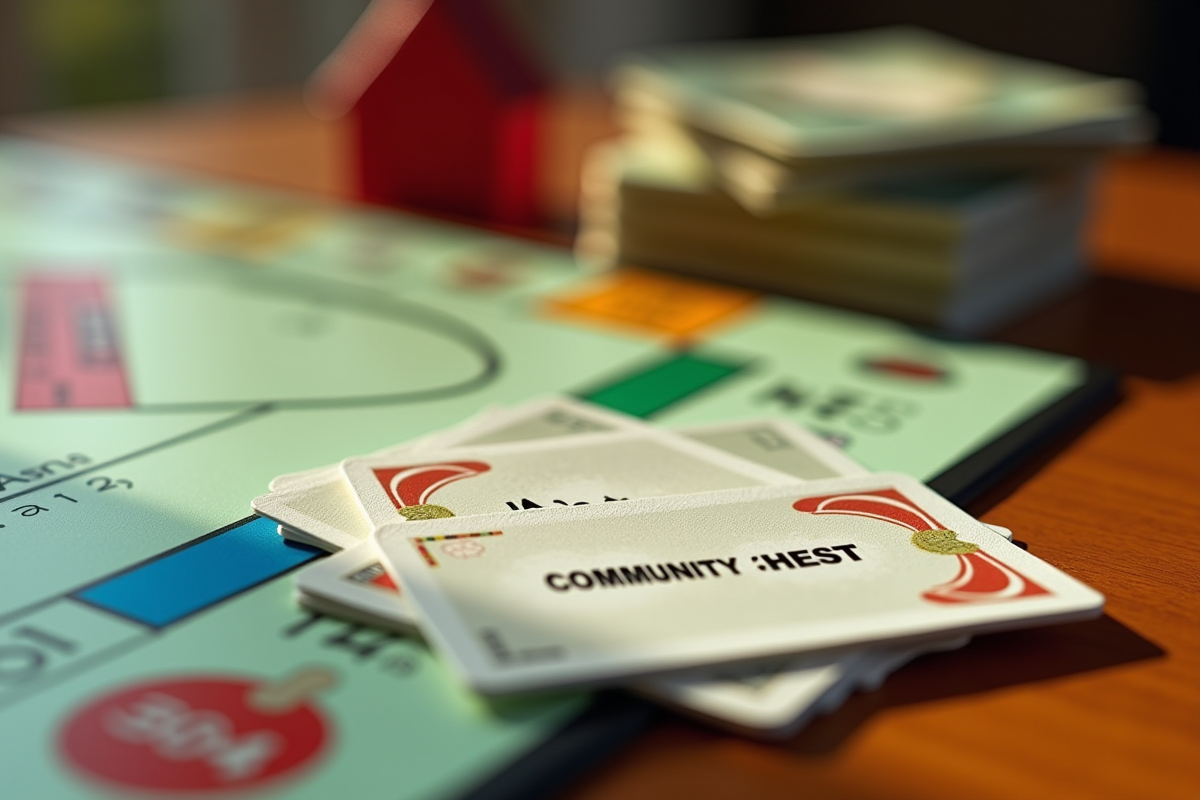 Zoom sur cartes chance et caisse commun Monopoly sur table en lumière douce