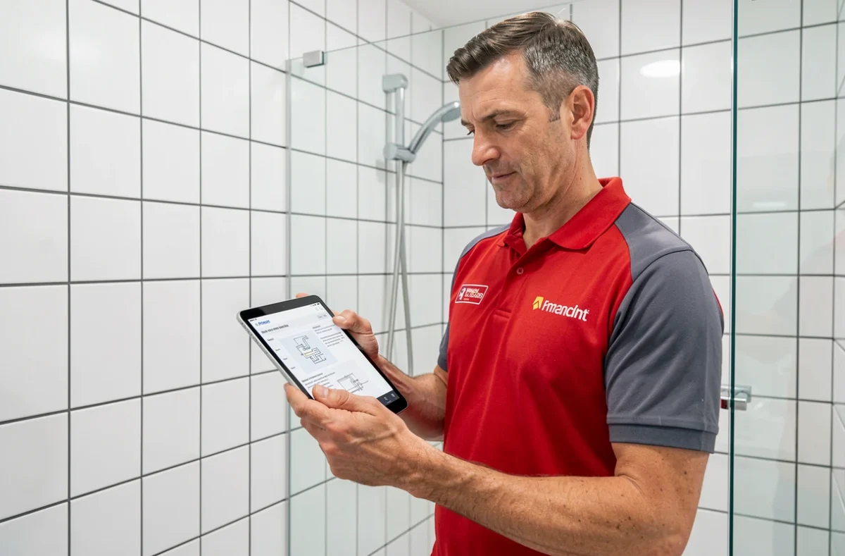 Technicien CEPS Services Vasseur consultant un rapport d'inspection sur tablette dans une salle de bain moderne