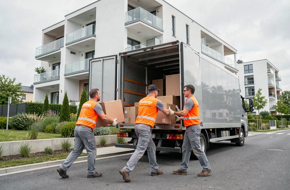 Équipe Challenge Déménagements en uniformes orange et gris déchargeant un camion devant une résidence moderne de l'agglomération lyonnaise