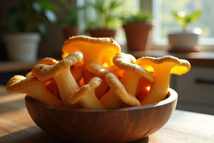 Champignons chanterelle fraîches dans un bol en bois naturel