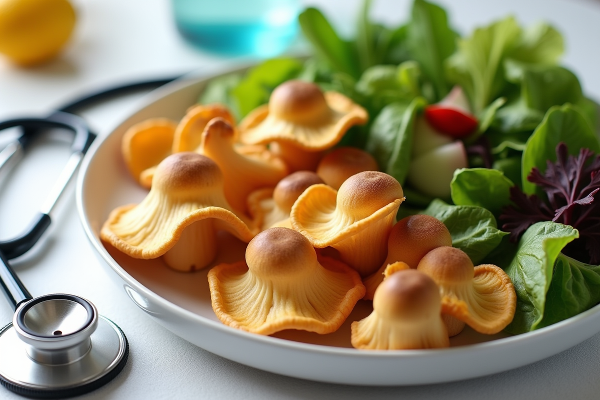 Champignons chanterelle sur une assiette avec des verts et un stéthoscope