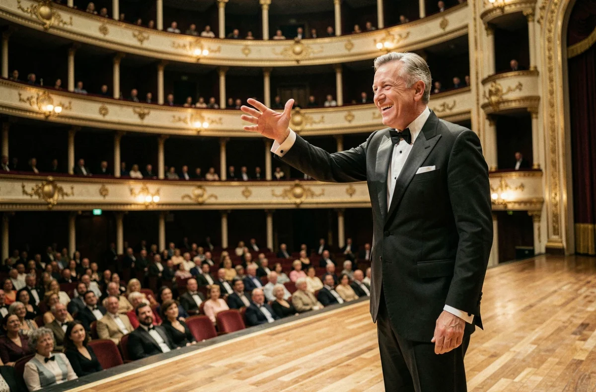 Chanteur français des années 60 en concert dans une grande salle de spectacle devant un public nombreux