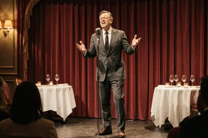 Chanteur de variété française des années 60 sur scène dans un cabaret parisien au microphone vintage