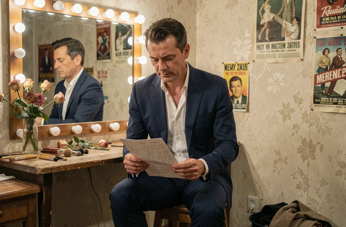 Chanteur de variété française des années 60 dans une loge de théâtre tenant des paroles manuscrites avant un spectacle