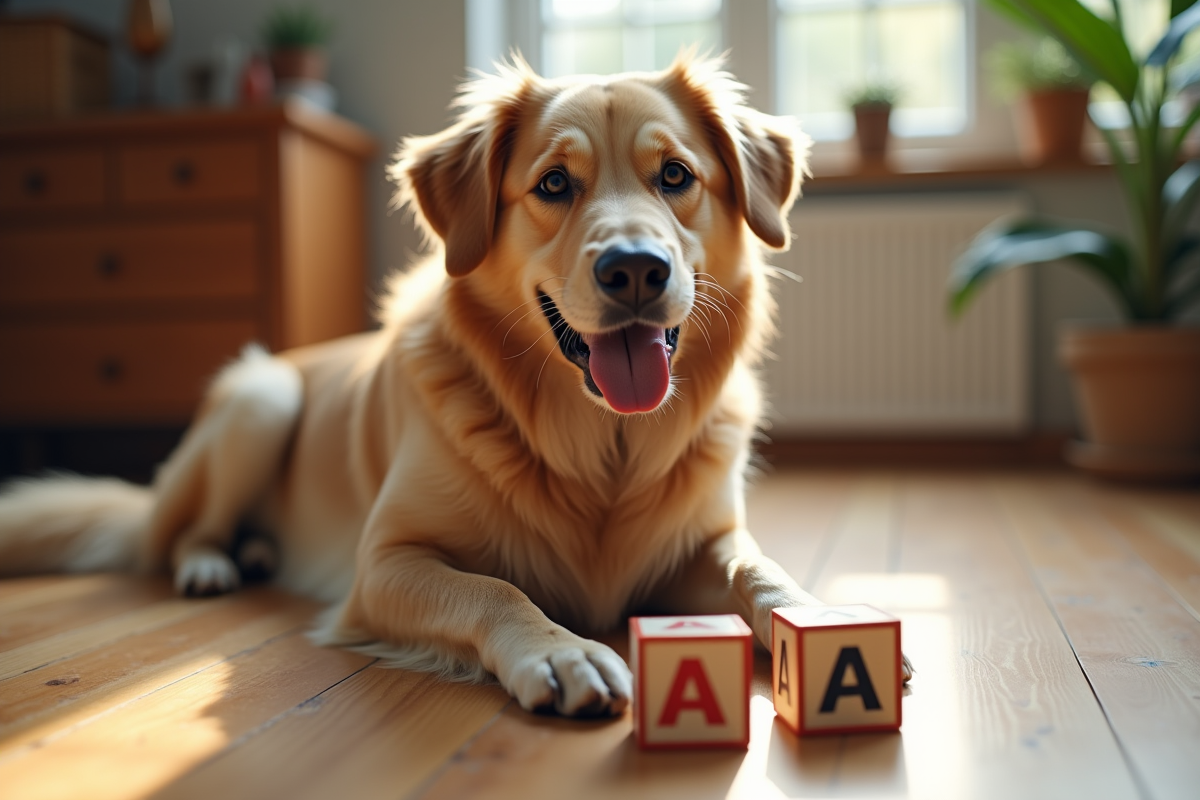 Chien adulte allonge sur le sol avec blocs lettre A