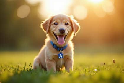 Chiot joyeux portant un collier bleu dans un parc ensoleille