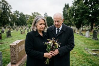 Cimetière avec couple hétérogène en mémoire d'un être cher