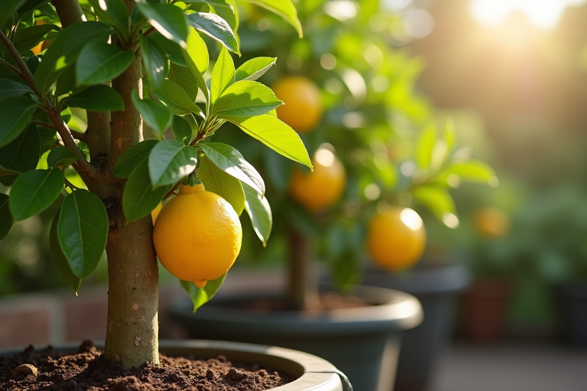 Citronnier sain en pot dans un jardin ensoleille avec feuilles vertes