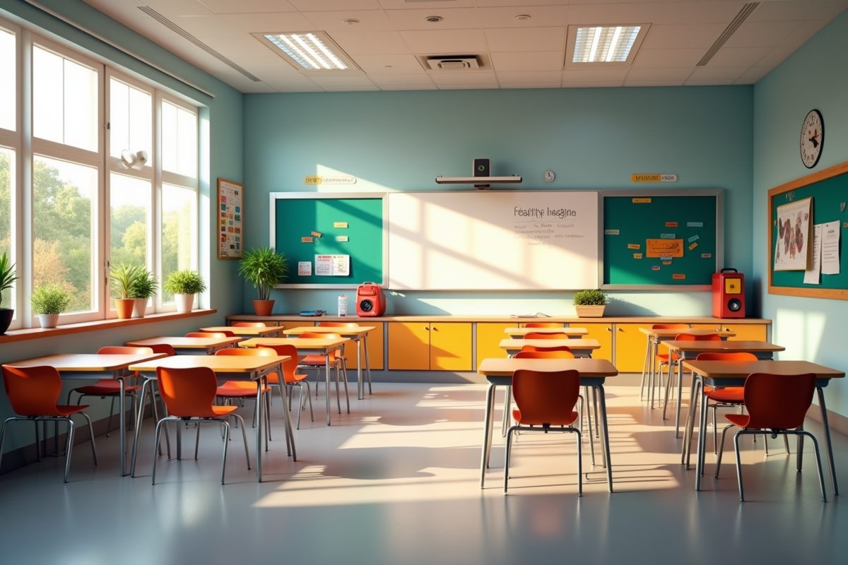 Salle de classe moderne avec mobilier coloré et lumière naturelle