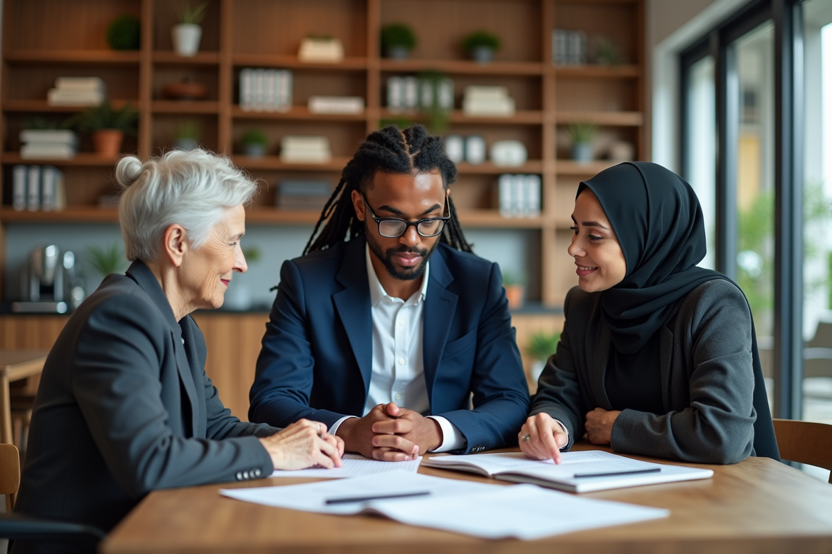 Trois collègues collaborant dans un espace de pause lumineux