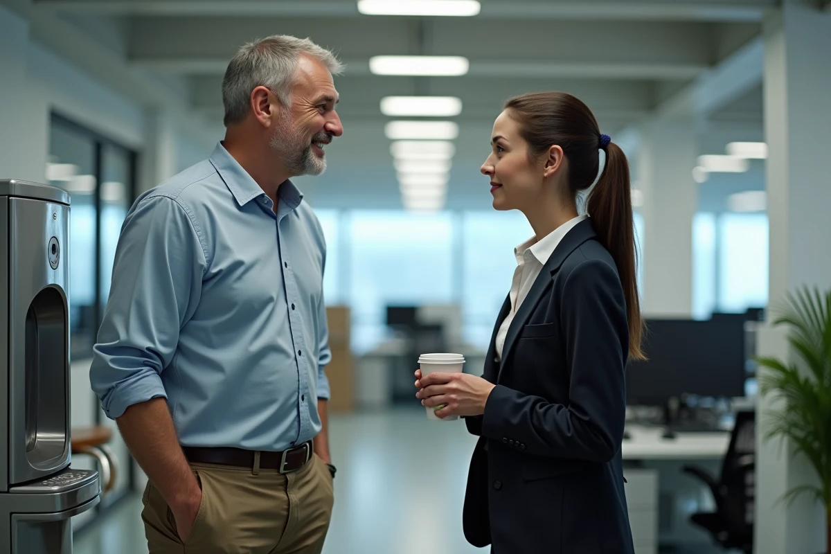 Collègues de bureau dans un moment ambigu autour d'une blague douteuse, illustrant la beaufitude au travail
