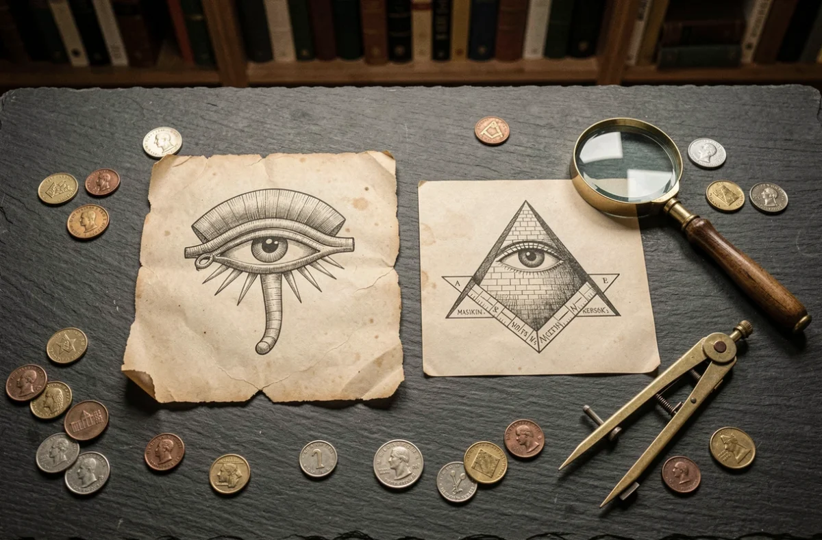 Comparaison entre l'œil d'Horus égyptien et l'œil de la Providence maçonnique sur des parchemins anciens en vue du dessus