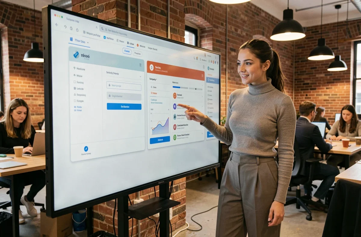 Femme présentant une comparaison visuelle entre deux plateformes de création de contenu sur un écran interactif