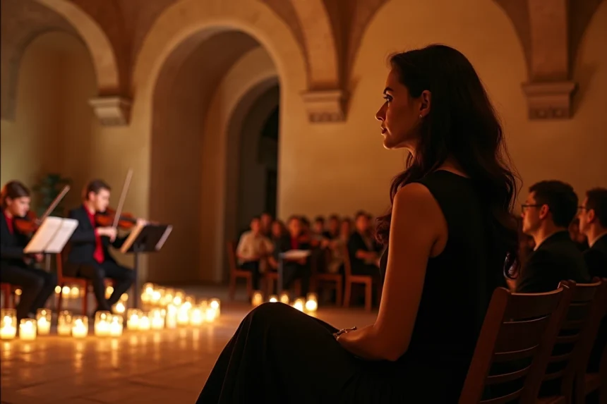 Femme élégante assistant à un concert Candlelight dans une salle voûtée à Lyon avec des centaines de bougies