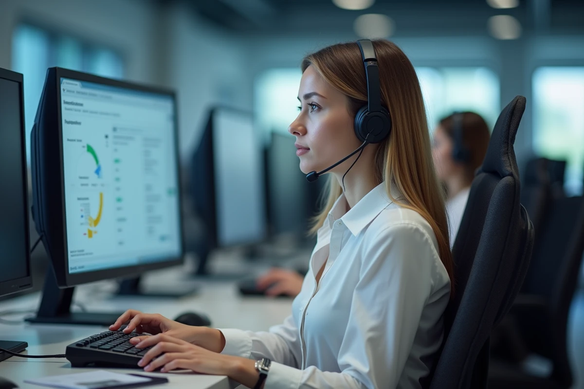 Conseillère clientèle avec casque audio gérant des réclamations sur ordinateur, illustrant la gestion des litiges e-commerce