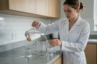 Femme versant de l'eau d'un pichet gradué d'un litre dans plusieurs petits récipients en verre pour illustrer les conversions de volume