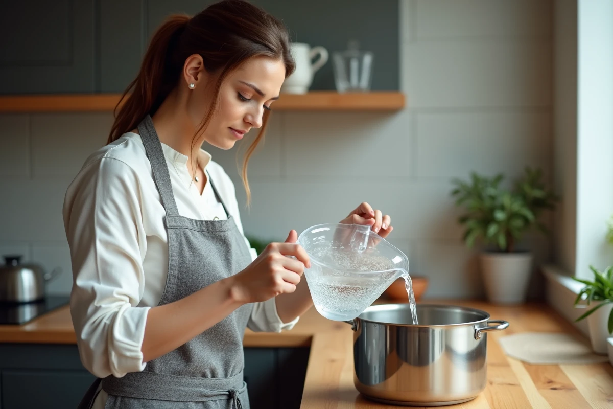 Femme versant de l'eau d'une cruche graduée en litres dans une casserole pour illustrer la conversion de litres en m3 en cuisine