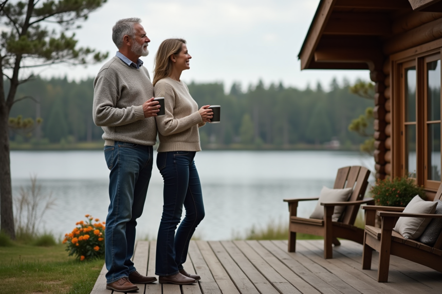 Couple d'âge moyen sur la terrasse d'un cottage au bord du lac