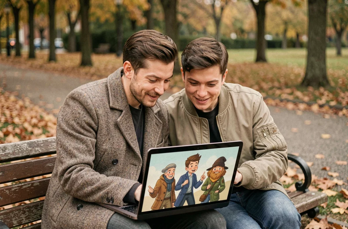 Couple dans un parc discutant de personnages fictifs sur un ordinateur, illustrant l'impact de la fiction sur les dynamiques relationnelles contemporaines