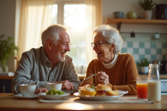 Couple mature riant lors du petit déjeuner en cuisine lumineuse