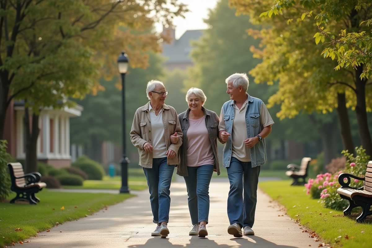 Couple âgé avec aide dans un parc verdoyant