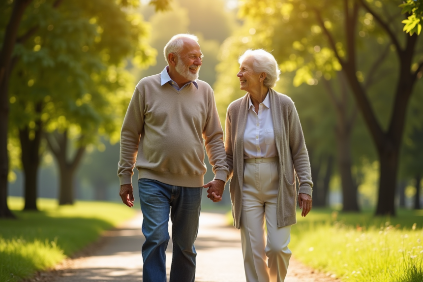 Couple senior souriant marchant dans un parc ensoleille