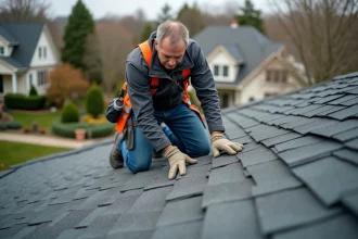 Couvreur en action posant des tuiles sur un toit résidentiel