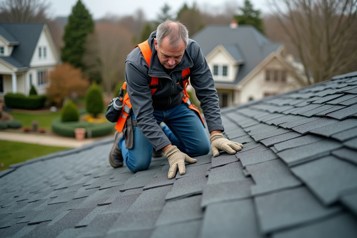 Couvreur en action posant des tuiles sur un toit résidentiel