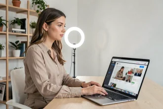 Créatrice de contenu comparant des plateformes en ligne sur son ordinateur portable dans un studio maison moderne