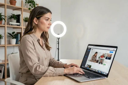 Créatrice de contenu comparant des plateformes en ligne sur son ordinateur portable dans un studio maison moderne
