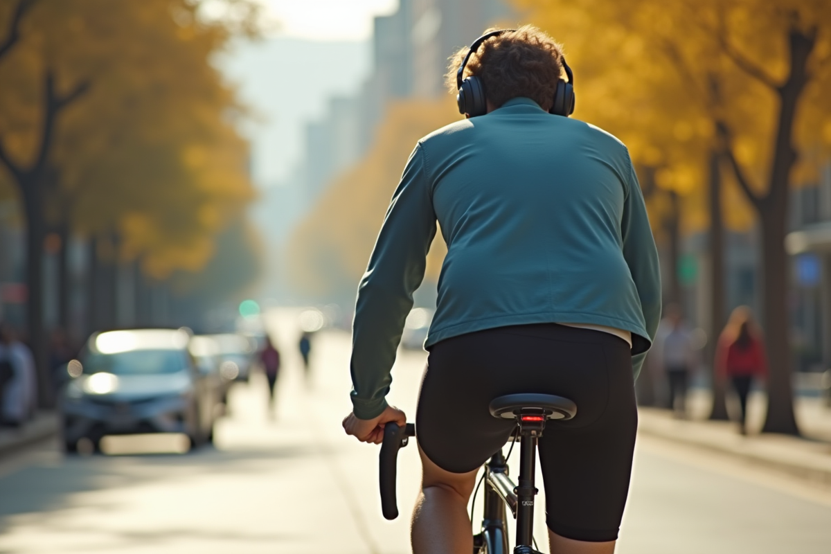 Cycliste portant ecouteurs modernes sur une ville ensoleillee