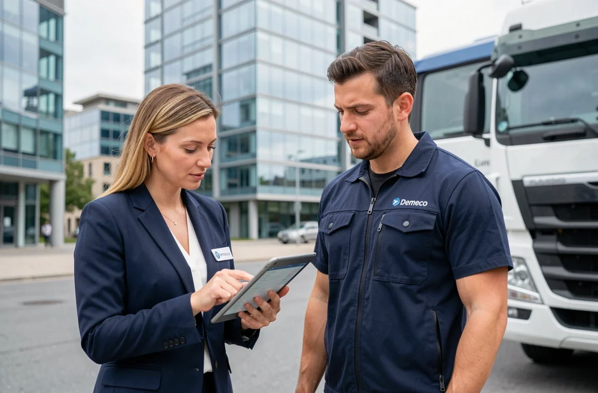 Consultante Demeco Seegmuller avec tablette numérique et déménageur devant un camion dans un quartier d'affaires de Lyon
