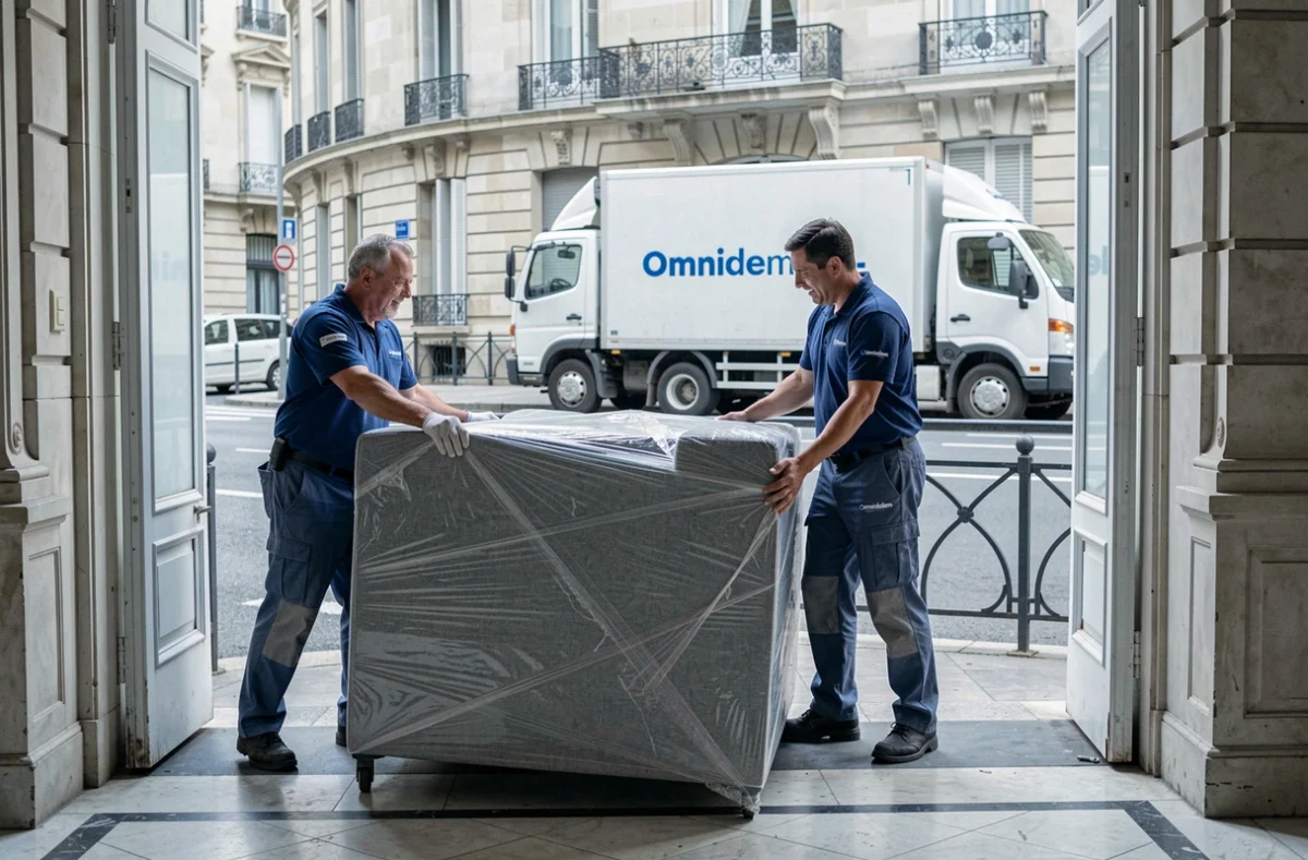 Déménageurs Omnidem manœuvrant un canapé emballé dans un immeuble haussmannien de Lyon