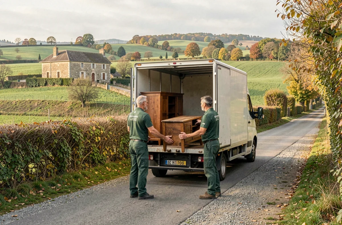 Équipe des Déménagements des Monts du Lyonnais chargeant du mobilier devant un paysage rural verdoyant