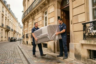 Déménageurs professionnels portant un canapé emballé devant un immeuble en pierre bordelaise