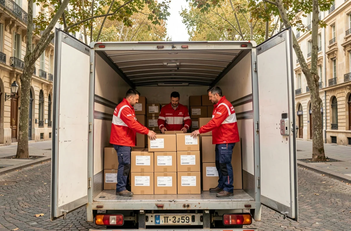 Équipe des Déménageurs Bretons en vestes rouge et blanc organisant des cartons dans leur camion sur un boulevard lyonnais
