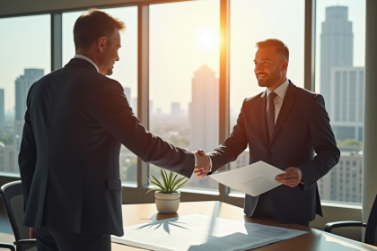 Promoteur immobilier et architecte serrant la main dans un bureau moderne