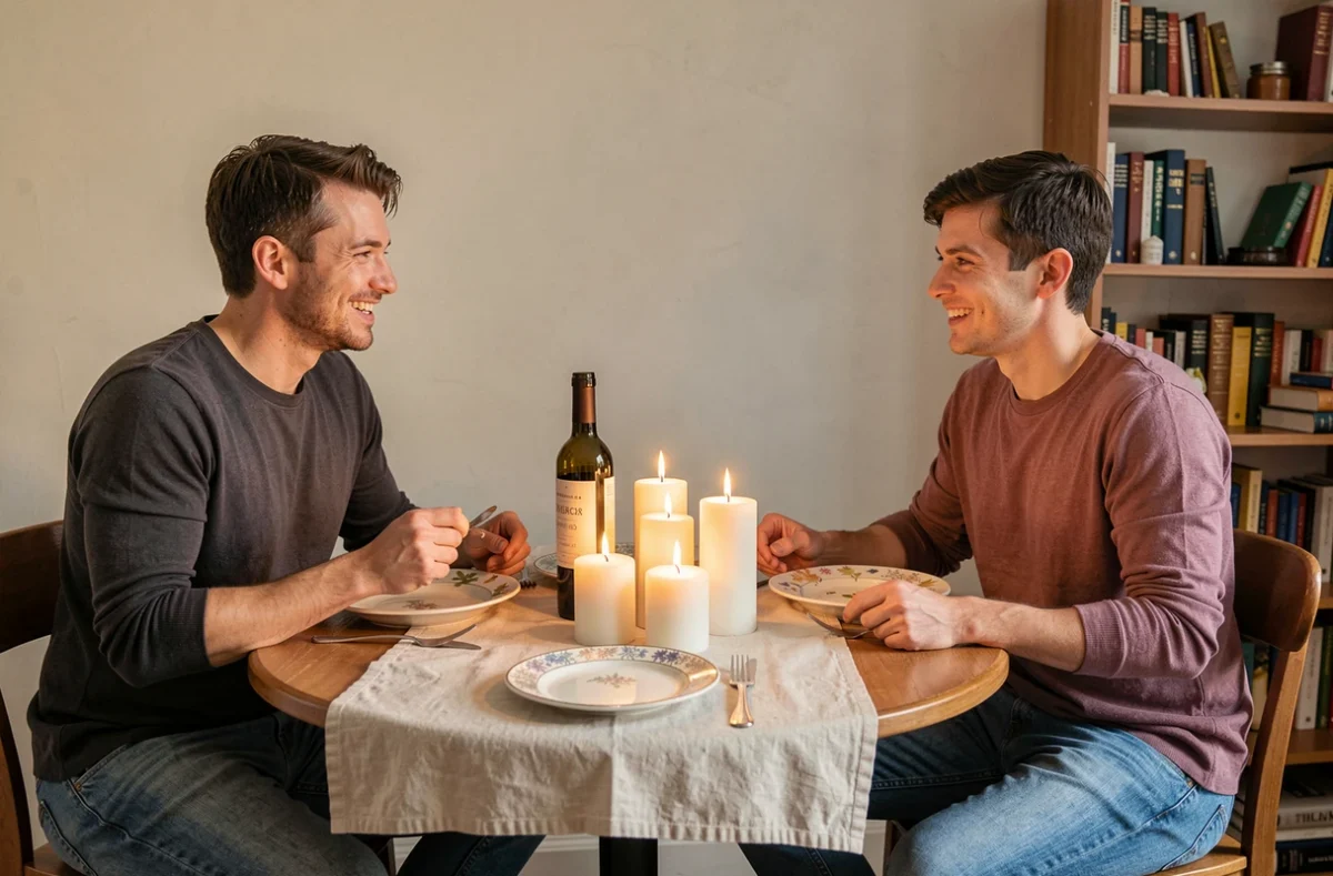 Couple partageant un dîner romantique aux chandelles à la maison avec des bougies piliers groupées sur une petite table ronde dans un appartement simple