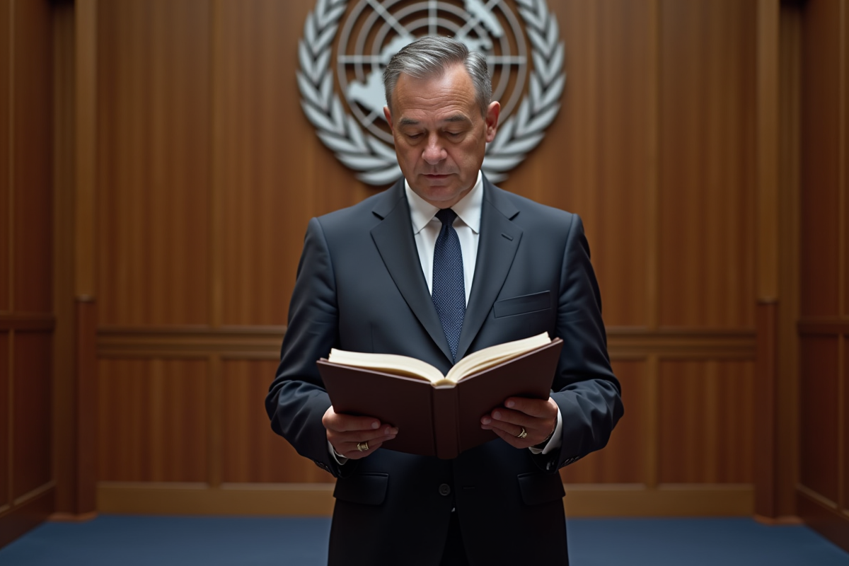 Diplomate homme en costume devant le logo de l'ONU