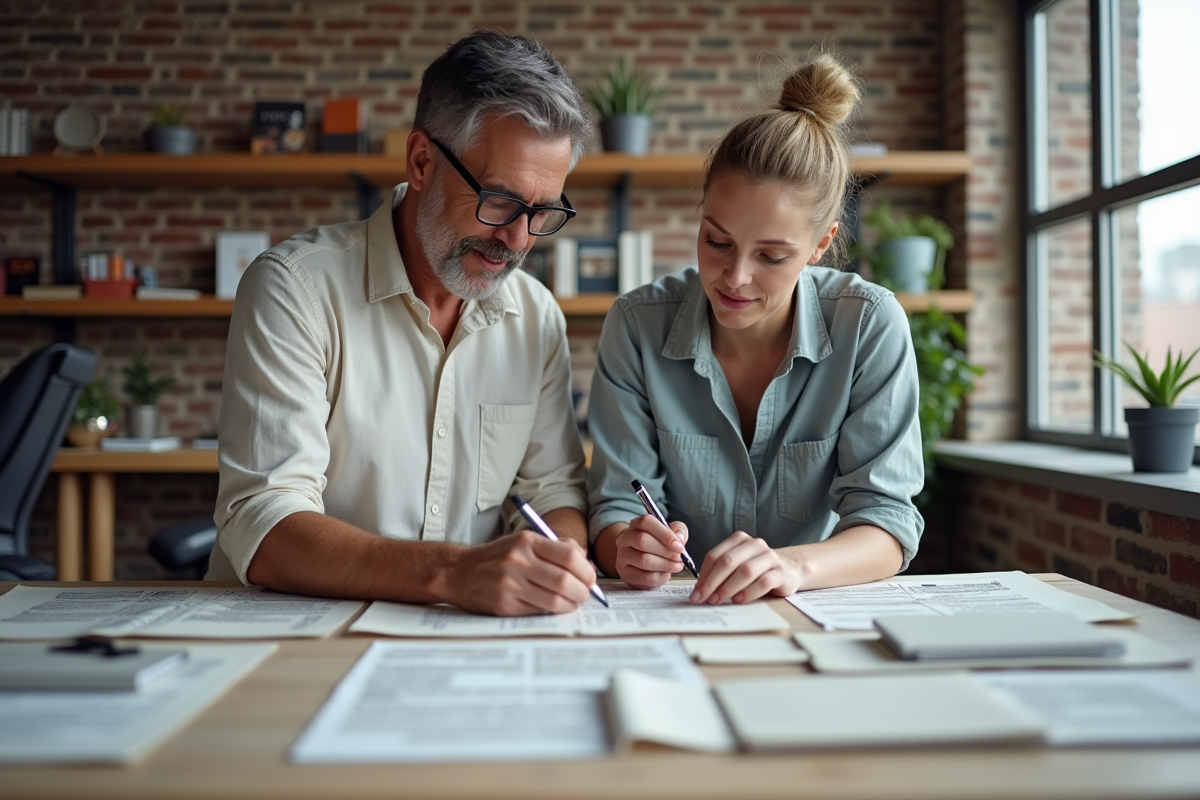 Homme et femme discutant des échantillons de tissu dans un espace moderne