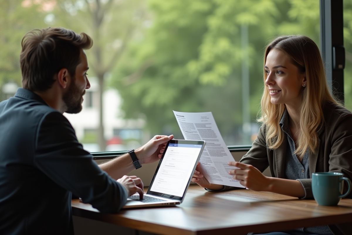 Deux personnes échangeant des documents dans un café moderne
