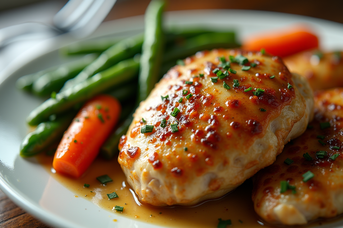 Eclat de poulet en sauce avec haricots verts et carottes