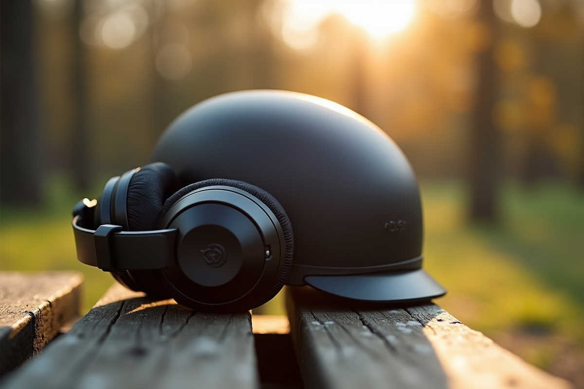Ecouteurs de velo repose sur un casque dans un parc au matin