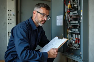 Électricien professionnel consultant une feuille de calcul de charge électrique devant un tableau électrique résidentiel ouvert