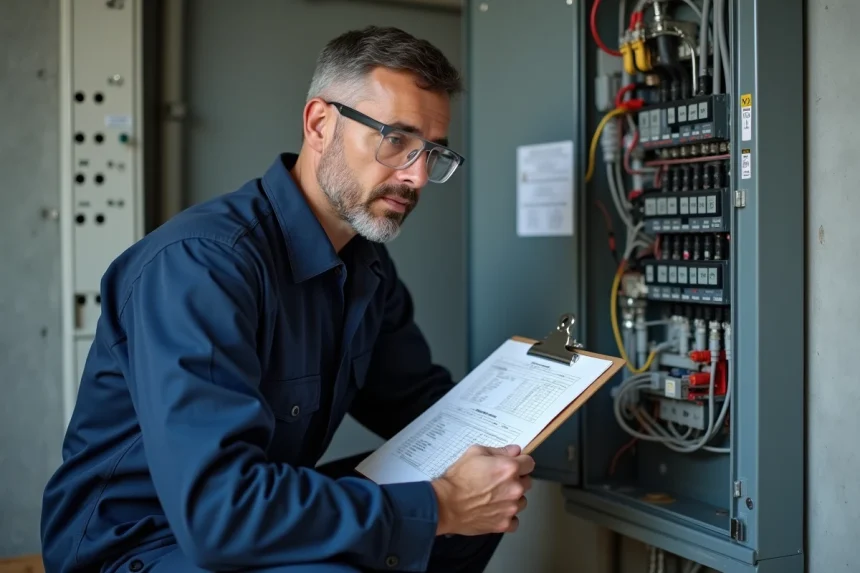 Électricien professionnel consultant une feuille de calcul de charge électrique devant un tableau électrique résidentiel ouvert
