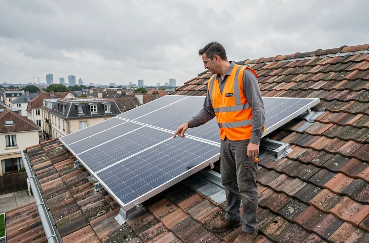 Technicien d'Énergies Toitures debout sur un toit en tuiles avec des panneaux solaires thermiques installés dans une maison francilienne